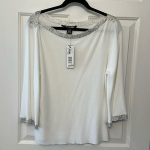 Ellen Tracy 3/4 swing sleeve White top with beaded neckline. Size XL